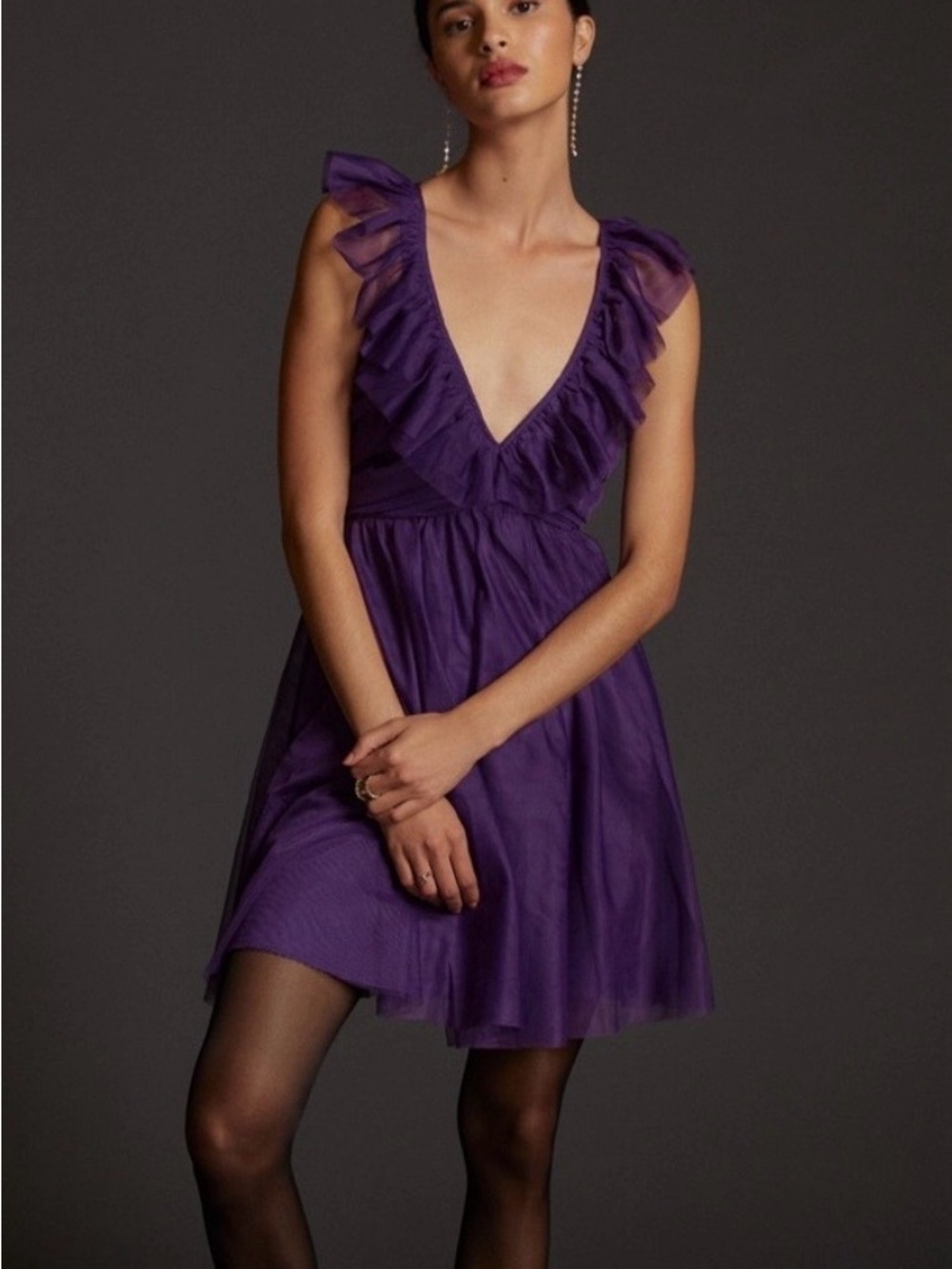 Maeve Purple Ruffle V‑Neck Mini Dress